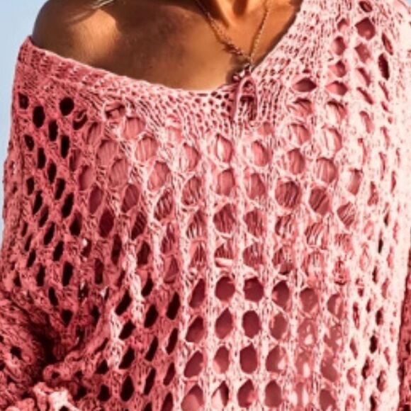 Pink Open-Knit Women's Sweater Crochet Long Sleeve Knit Cover Up Sz S M L XL - Picture 3 of 5